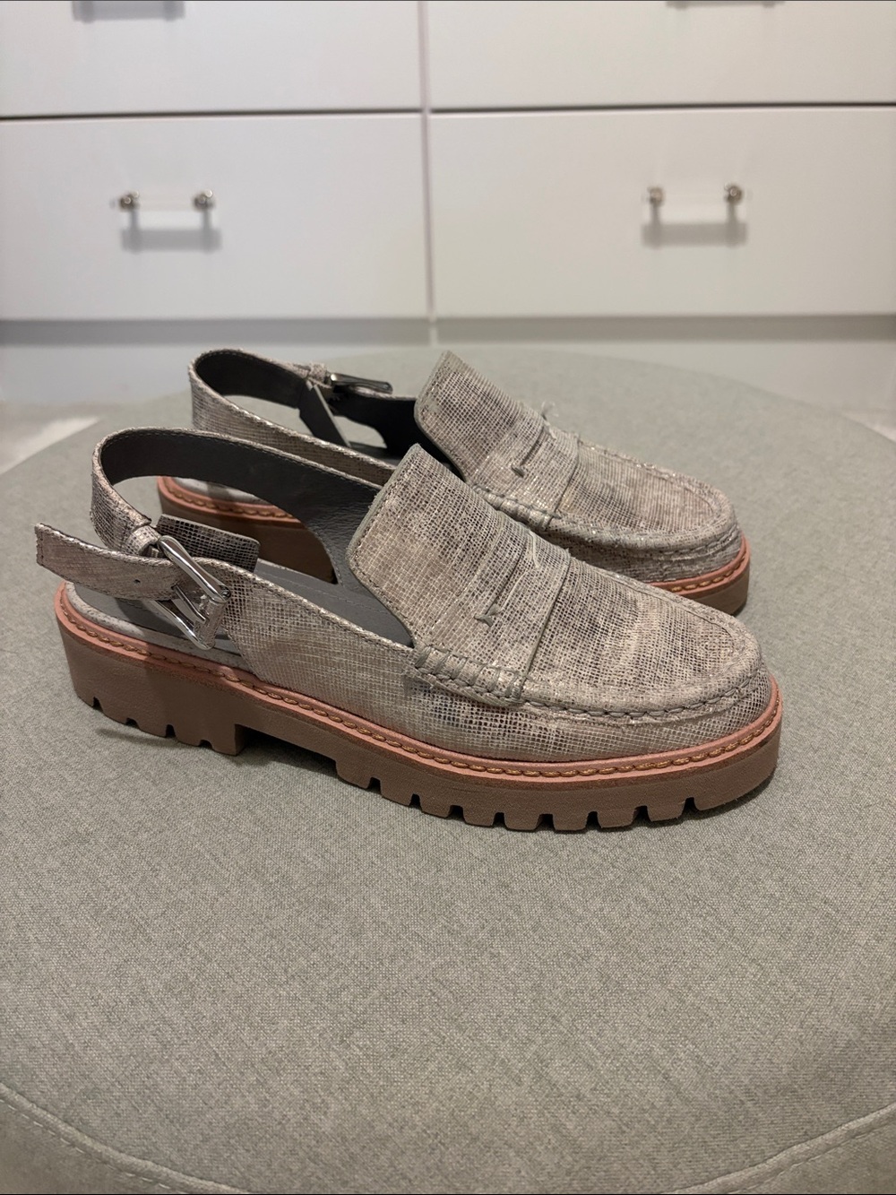 Donald Pliner Women’s Slingback Chunky Loafer in Metallic Beige Taupe